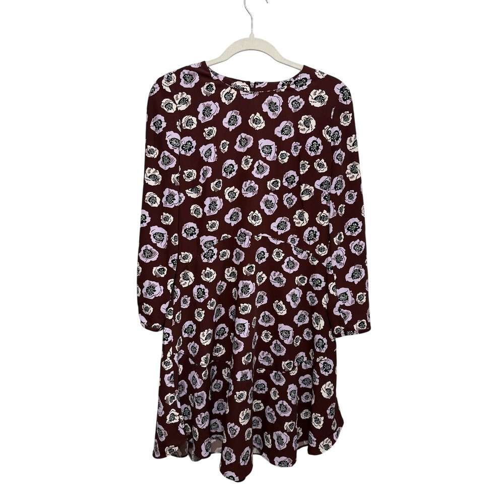 Ann Taylor LOFT 2 Dress Burgundy Poppy Print Purple Floral Flutter Long Sleeve